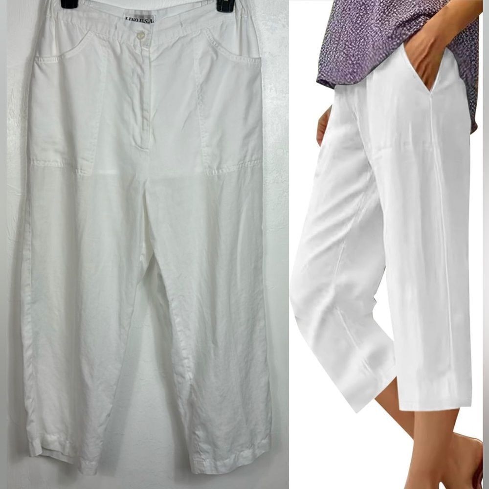 Lino U.S.A. White Linen Straight Leg Cropped Pants Capri Size M